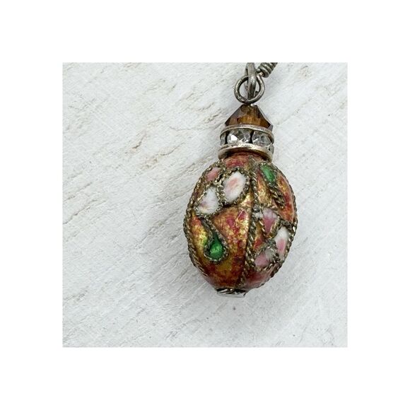Vintage Cloisonne Dainty Drop Earrings Oval Bead Pink Red Sterling Silver - Picture 9 of 12